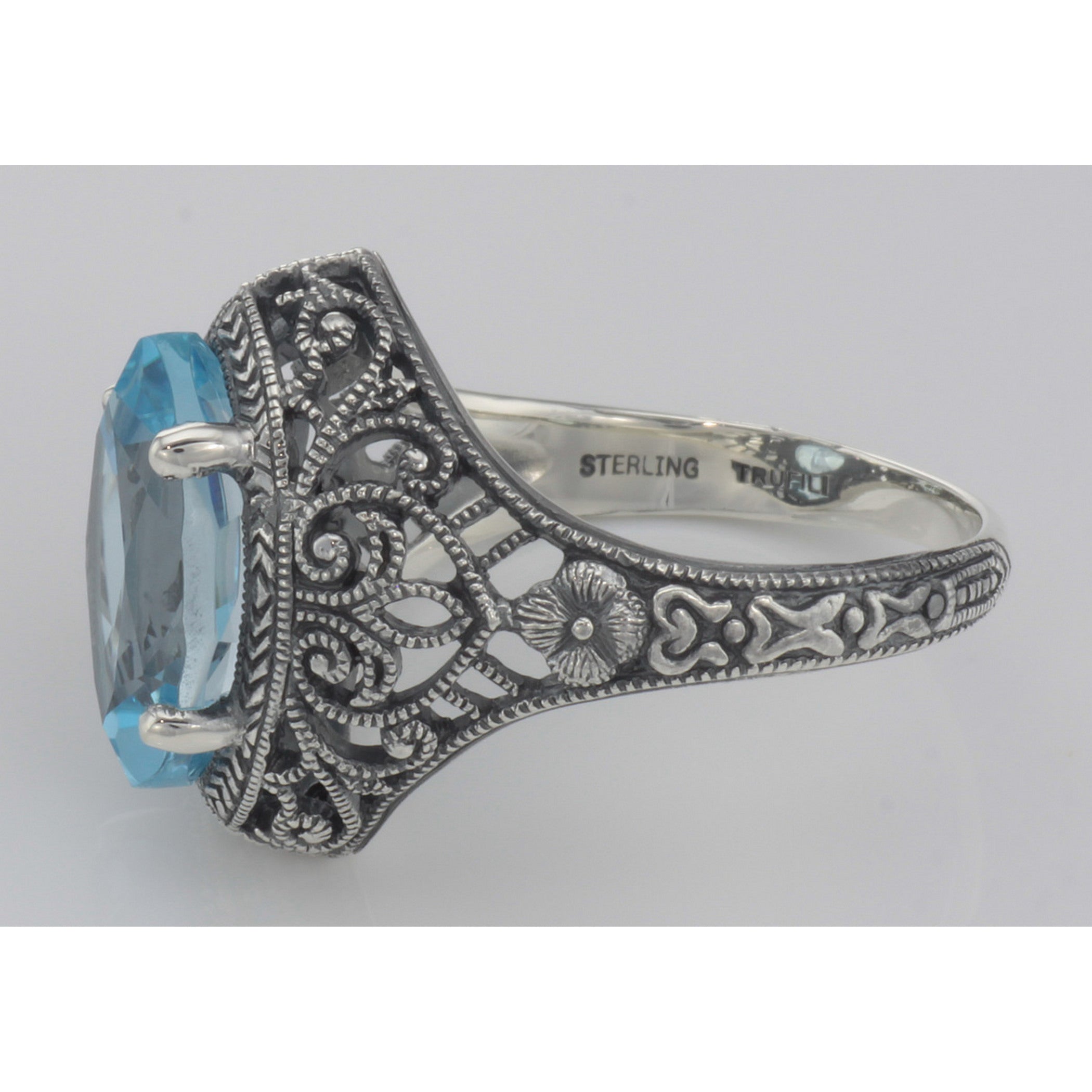 Back view of Beautiful 3 Carat Victorian Style Blue Topaz Filigree Ring Sterling Silver showing 925 sterling silver hallmark