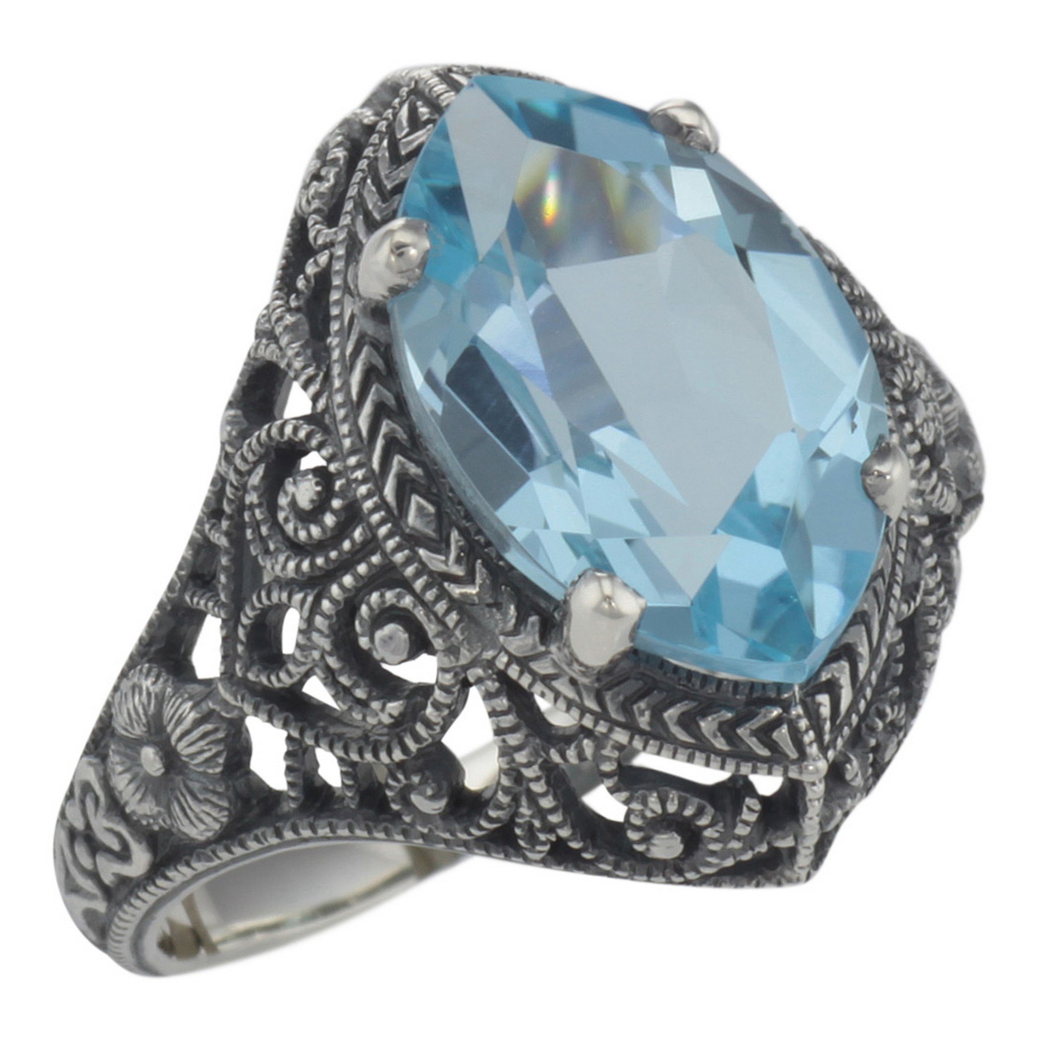 Victorian style, Blue Topaz, sterling silver rings, front view