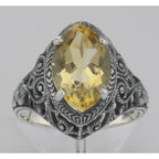 Detail view of 3 Carat Victorian Style Genuine Citrine Filigree Ring Sterling Silver highlighting Citrine