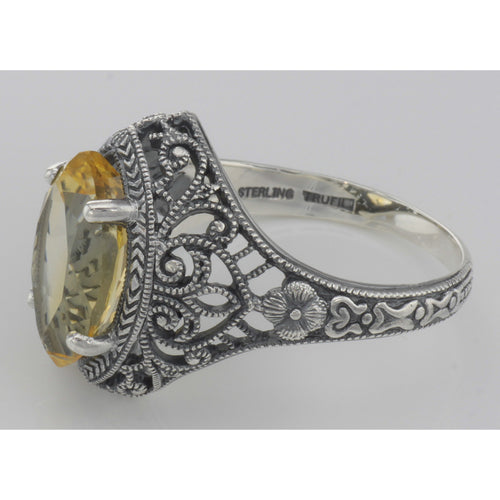 Back view of 3 Carat Victorian Style Genuine Citrine Filigree Ring Sterling Silver showing 925 sterling silver hallmark