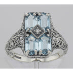 Detail view of Art Deco Style 2 Carat Blue Topaz Filigree Ring w/ Diamond Sterling Silver highlighting Blue Topaz, Diamond