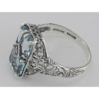 Back view of Art Deco Style 2 Carat Blue Topaz Filigree Ring w/ Diamond Sterling Silver showing 925 sterling silver hallmark