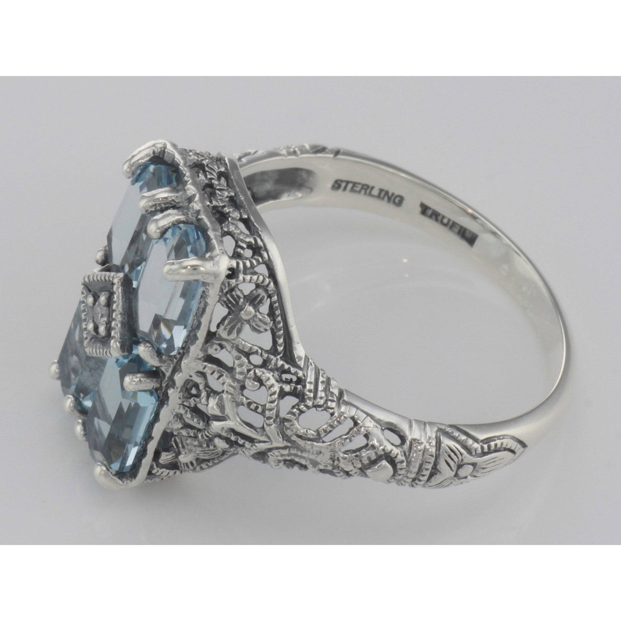Back view of Art Deco Style 2 Carat Blue Topaz Filigree Ring w/ Diamond Sterling Silver showing 925 sterling silver hallmark