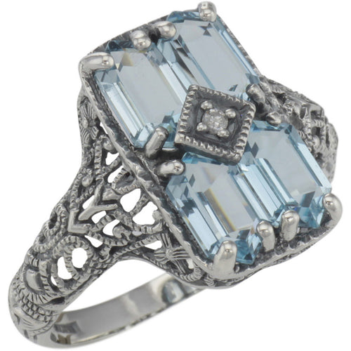 Art Deco style, Blue Topaz, Diamond, sterling silver rings, front view