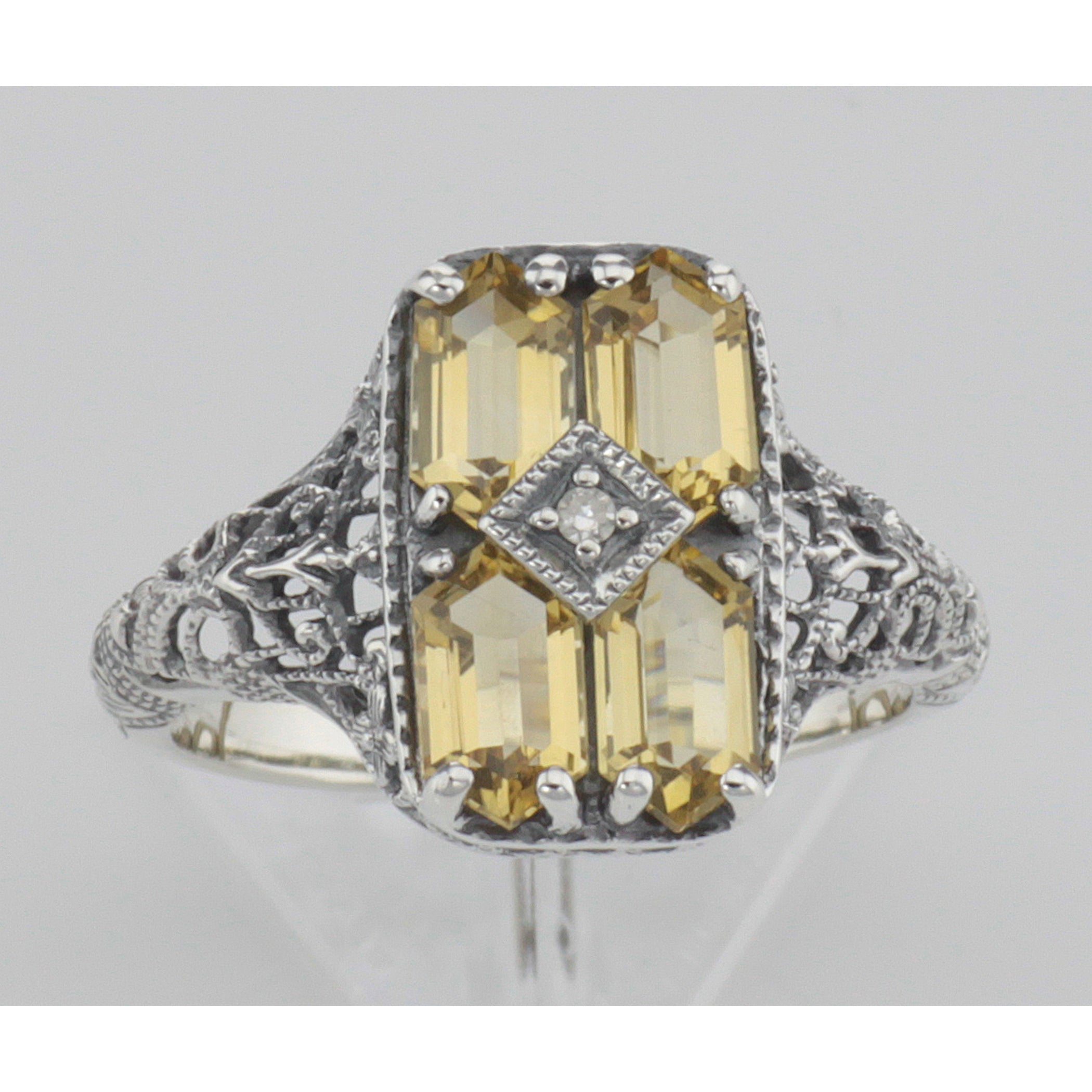 Back view of 2 Carat Citrine Filigree Ring w/ Diamond showing 925 sterling silver hallmark