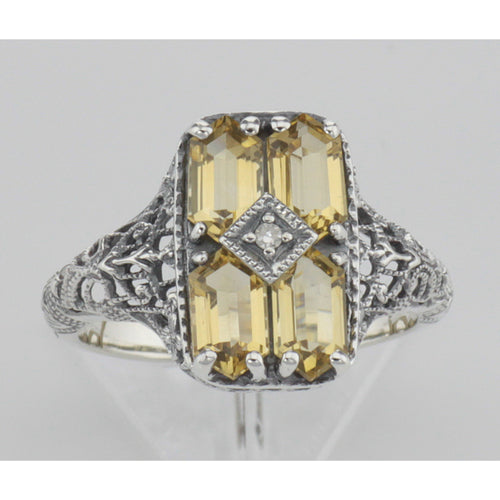 Back view of 2 Carat Citrine Filigree Ring w/ Diamond showing 925 sterling silver hallmark