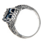 Detail view of Art Deco 2 Ct London Blue Topaz Filigree Diamond Ring Sterling Silver highlighting Blue Topaz, London Blue Top