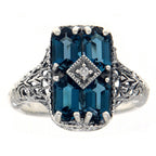 Back view of Art Deco 2 Ct London Blue Topaz Filigree Diamond Ring Sterling Silver showing 925 sterling silver hallmark