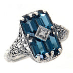 Art Deco style, Blue Topaz, London Blue Topaz, sterling silver rings, front view