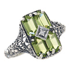 Filigree, Diamond, Peridot, sterling silver rings, front view