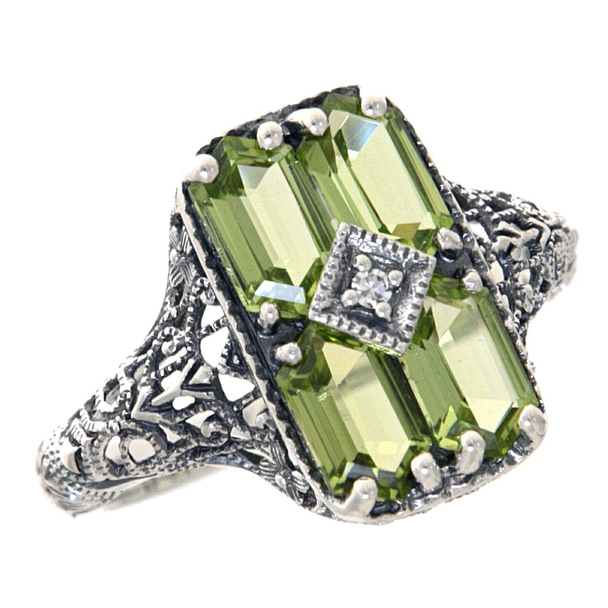 Filigree, Diamond, Peridot, sterling silver rings, front view