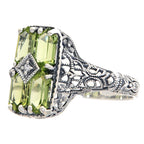 Back view of 2 Carat Peridot Filigree Ring w/ Diamond showing 925 sterling silver hallmark
