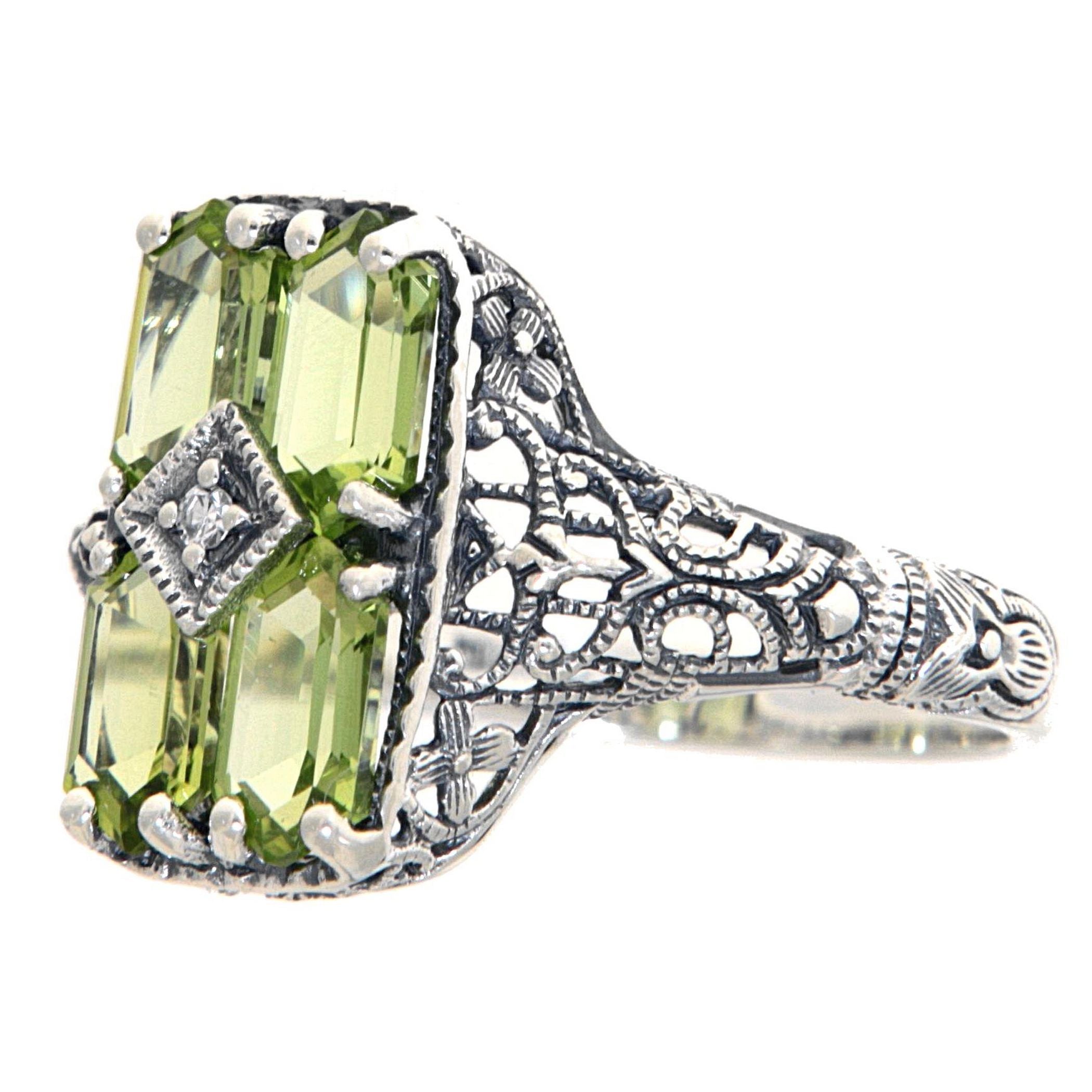 Back view of 2 Carat Peridot Filigree Ring w/ Diamond showing 925 sterling silver hallmark