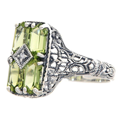 Back view of 2 Carat Peridot Filigree Ring w/ Diamond showing 925 sterling silver hallmark