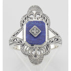 Detail view of Victorian Style Classic Blue Lapis Filigree Diamond Ring Sterling Silver highlighting Diamond, Lapis