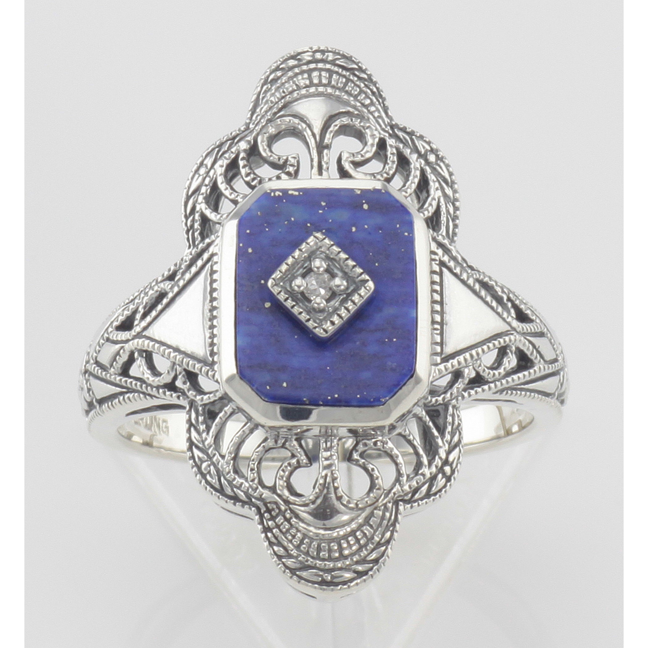 Detail view of Victorian Style Classic Blue Lapis Filigree Diamond Ring Sterling Silver highlighting Diamond, Lapis