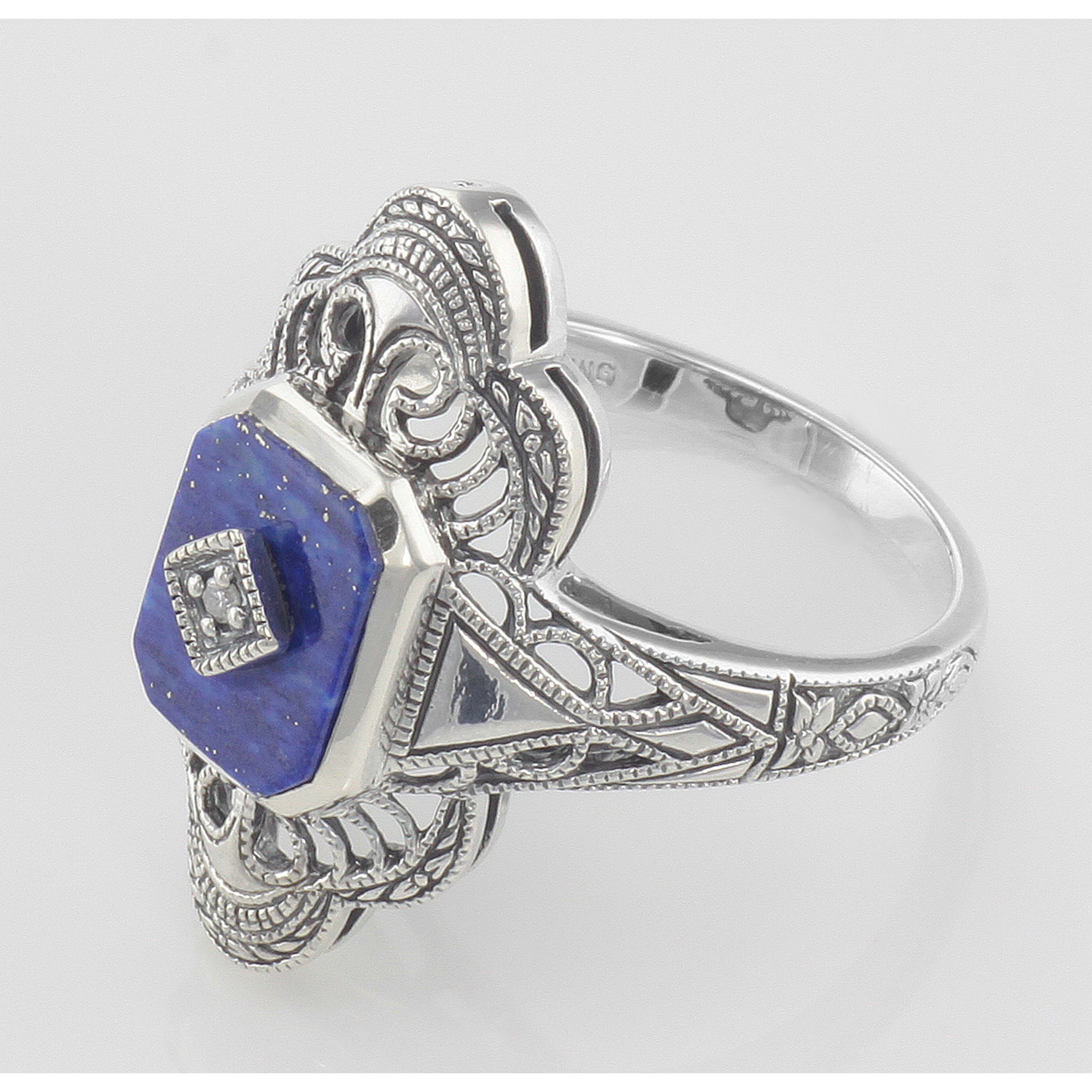 Back view of Victorian Style Classic Blue Lapis Filigree Diamond Ring Sterling Silver showing 925 sterling silver hallmark