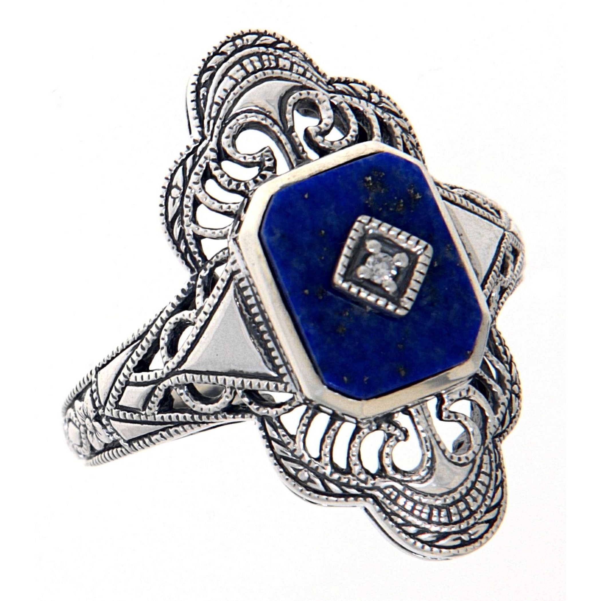 Victorian style, Diamond, Lapis, sterling silver rings, front view