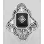 Detail view of Victorian Style Classic Black Onyx Filigree Diamond Ring Sterling Silver highlighting Diamond, Black Onyx