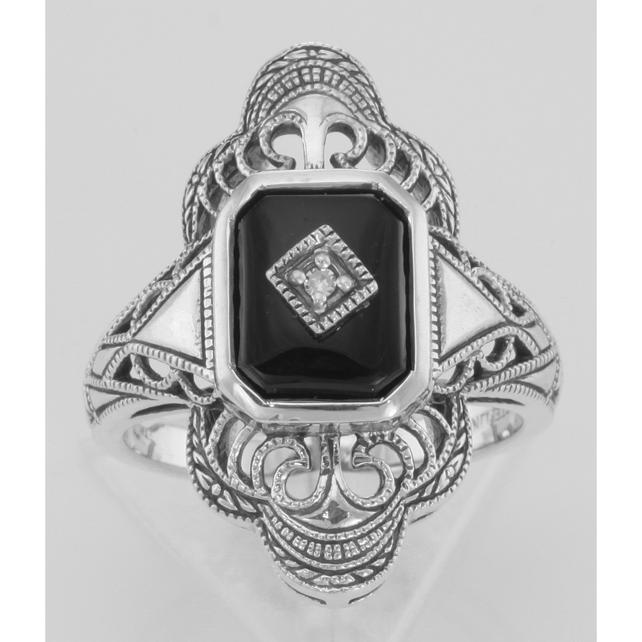 Detail view of Victorian Style Classic Black Onyx Filigree Diamond Ring Sterling Silver highlighting Diamond, Black Onyx