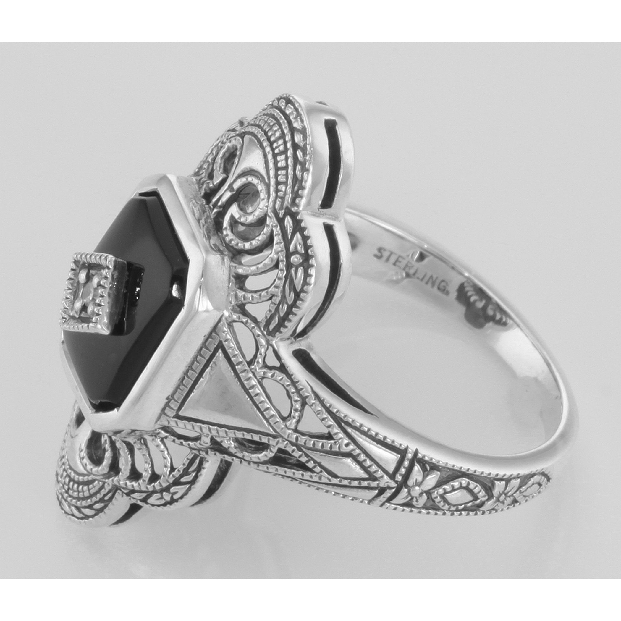 Back view of Victorian Style Classic Black Onyx Filigree Diamond Ring Sterling Silver showing 925 sterling silver hallmark