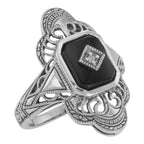 Victorian style, Diamond, Black Onyx, sterling silver rings, front view