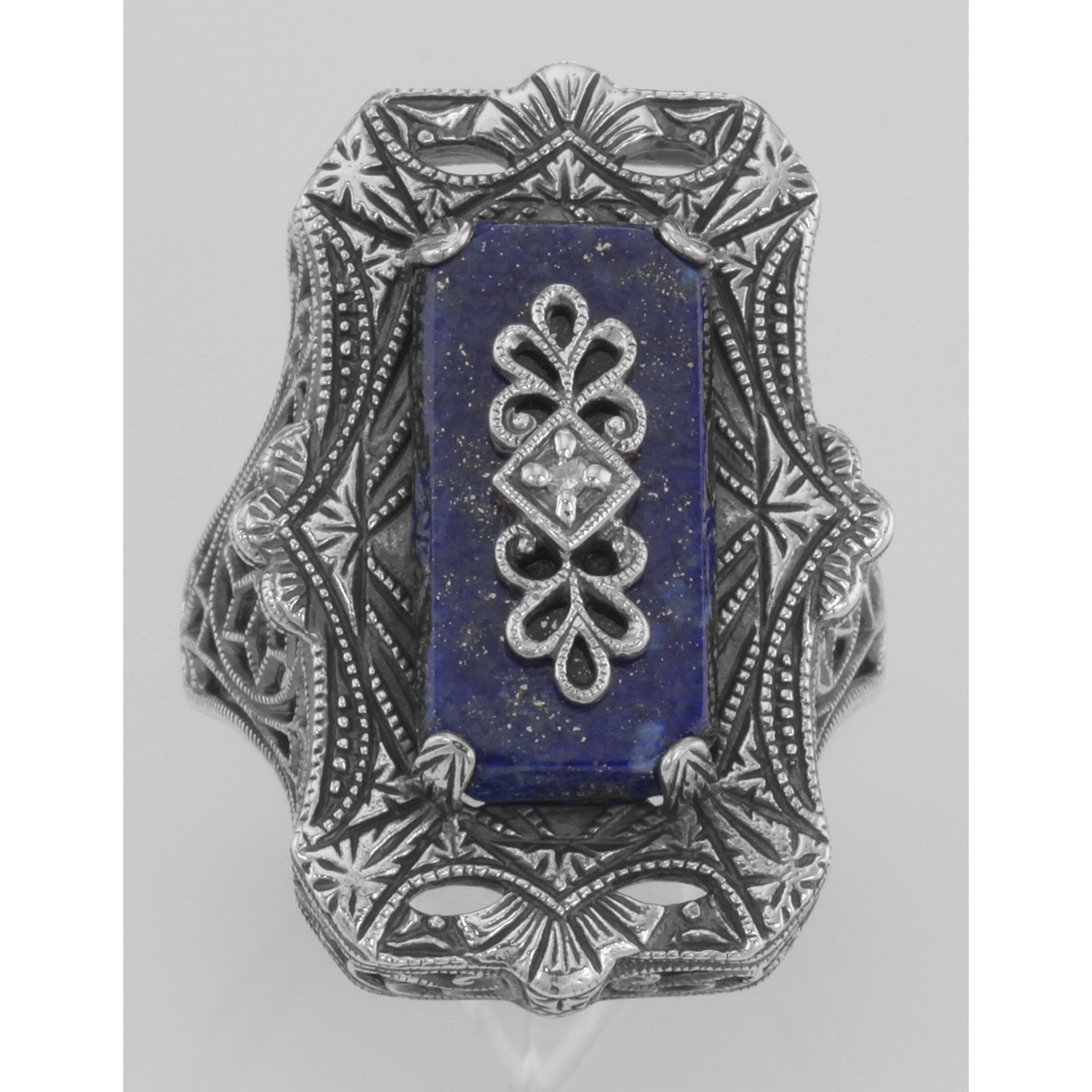 Detail view of Victorian Style Blue Lapis Filigree Diamond Ring highlighting Diamond, Lapis