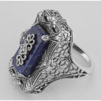 Back view of Victorian Style Blue Lapis Filigree Diamond Ring showing 925 sterling silver hallmark