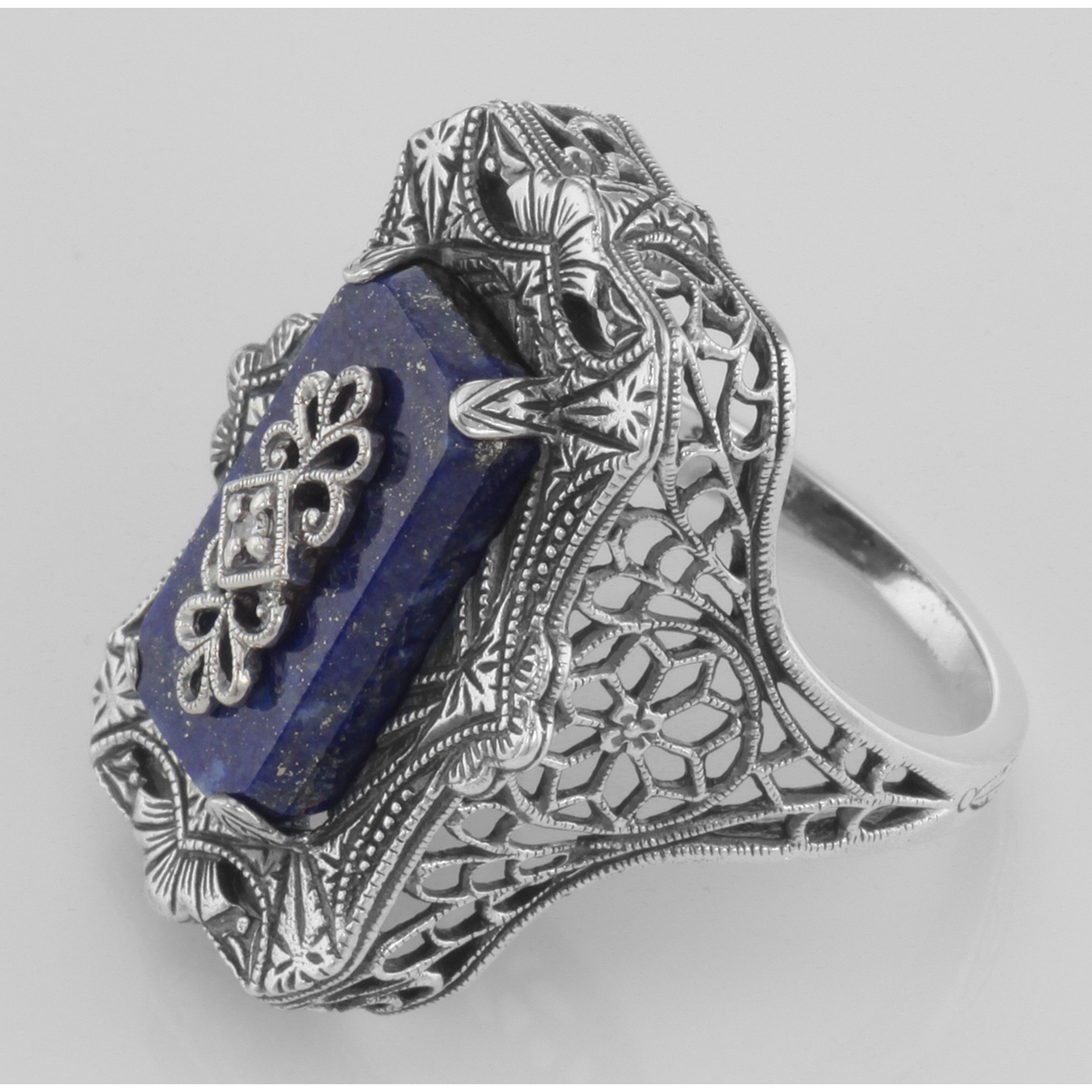 Back view of Victorian Style Blue Lapis Filigree Diamond Ring showing 925 sterling silver hallmark