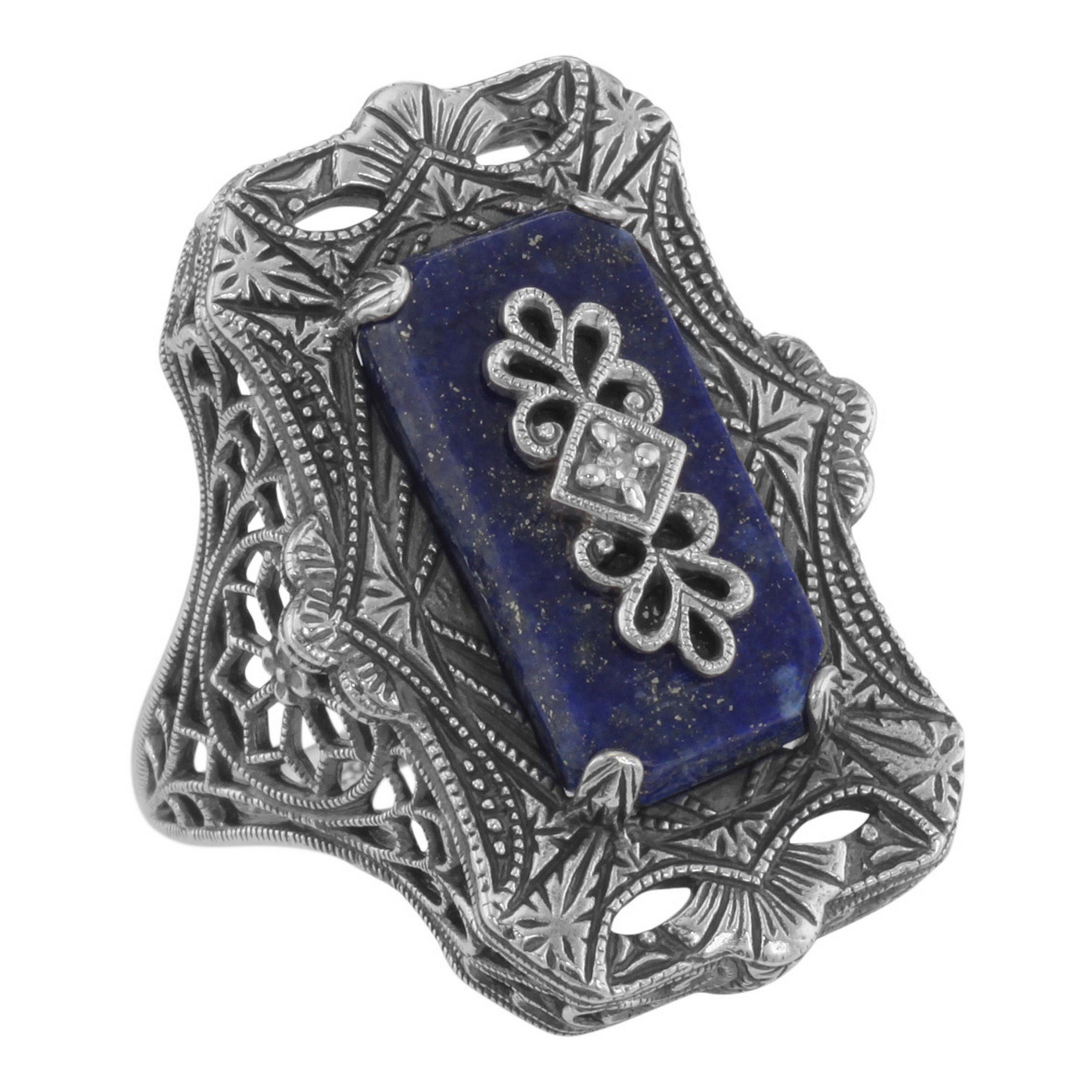Victorian style, Diamond, Lapis, sterling silver rings, front view