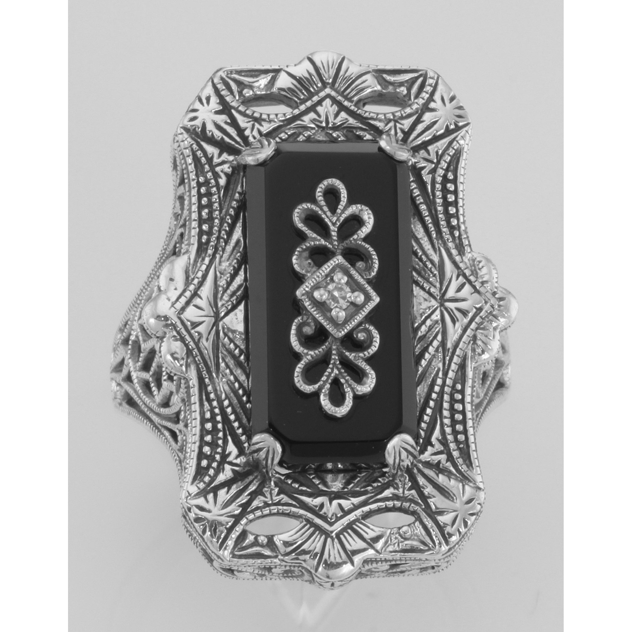 Detail view of Antique Victorian Style Black Onyx Filigree Diamond Ring highlighting Diamond, Black Onyx