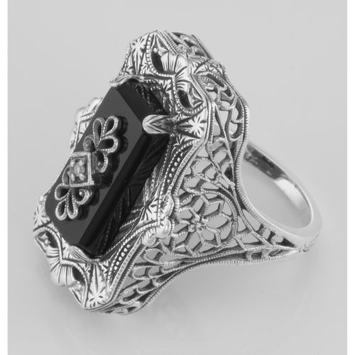 Back view of Antique Victorian Style Black Onyx Filigree Diamond Ring showing 925 sterling silver hallmark