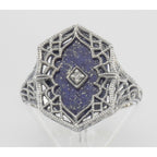 Detail view of Victorian Style Blue Lapis Filigree Diamond Ring in Fine Sterling Silver highlighting Diamond, Lapis
