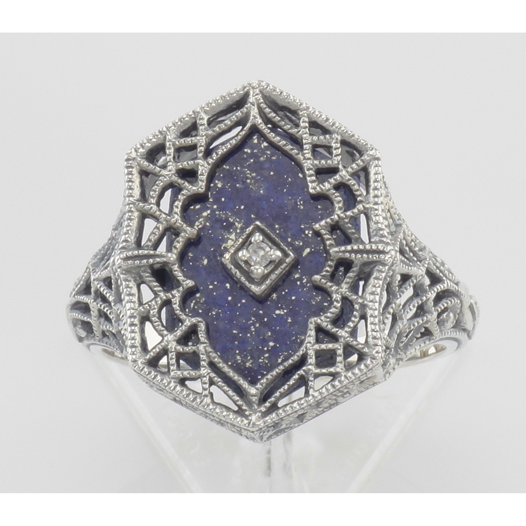 Detail view of Victorian Style Blue Lapis Filigree Diamond Ring in Fine Sterling Silver highlighting Diamond, Lapis