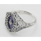 Back view of Victorian Style Blue Lapis Filigree Diamond Ring in Fine Sterling Silver showing 925 sterling silver hallmark