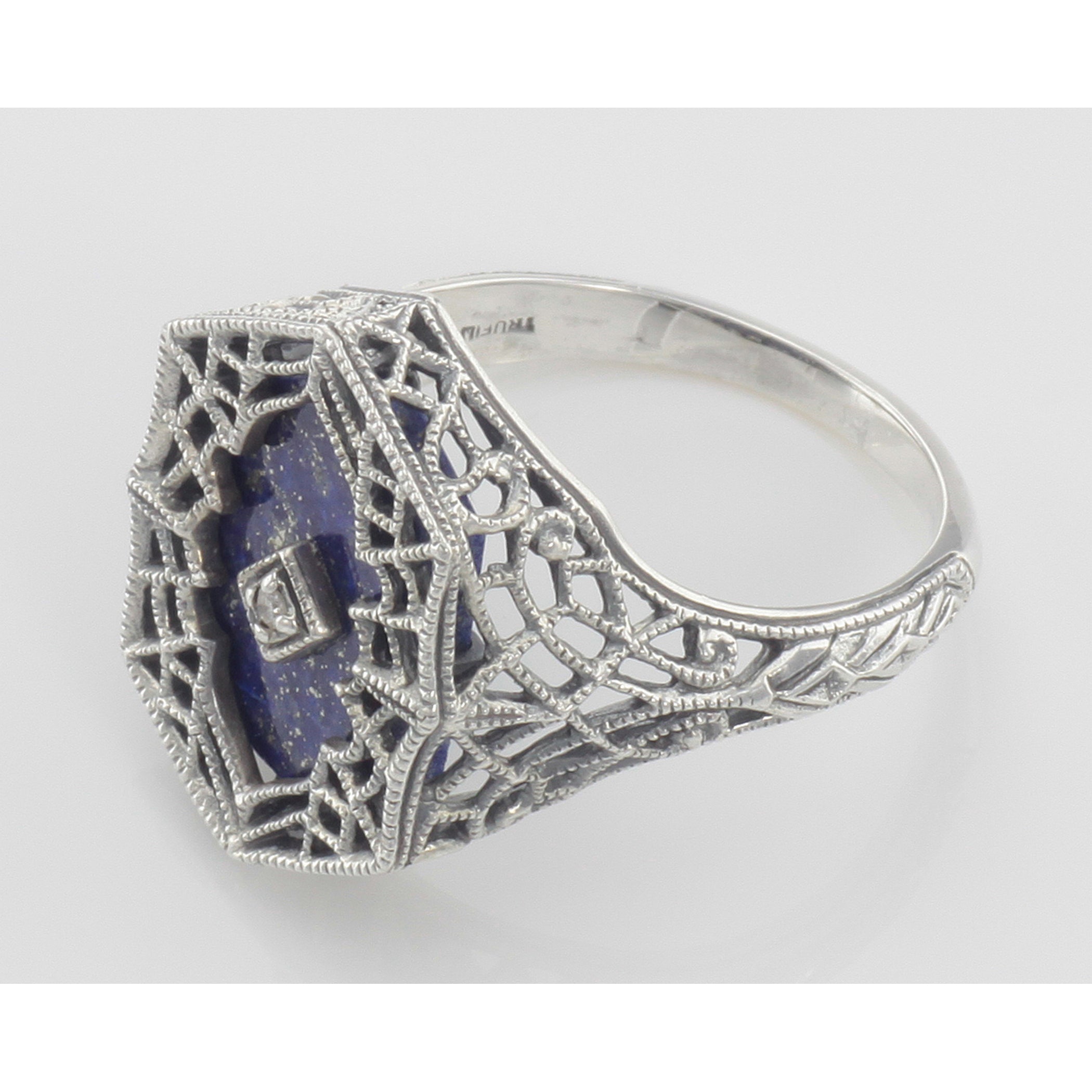 Back view of Victorian Style Blue Lapis Filigree Diamond Ring in Fine Sterling Silver showing 925 sterling silver hallmark