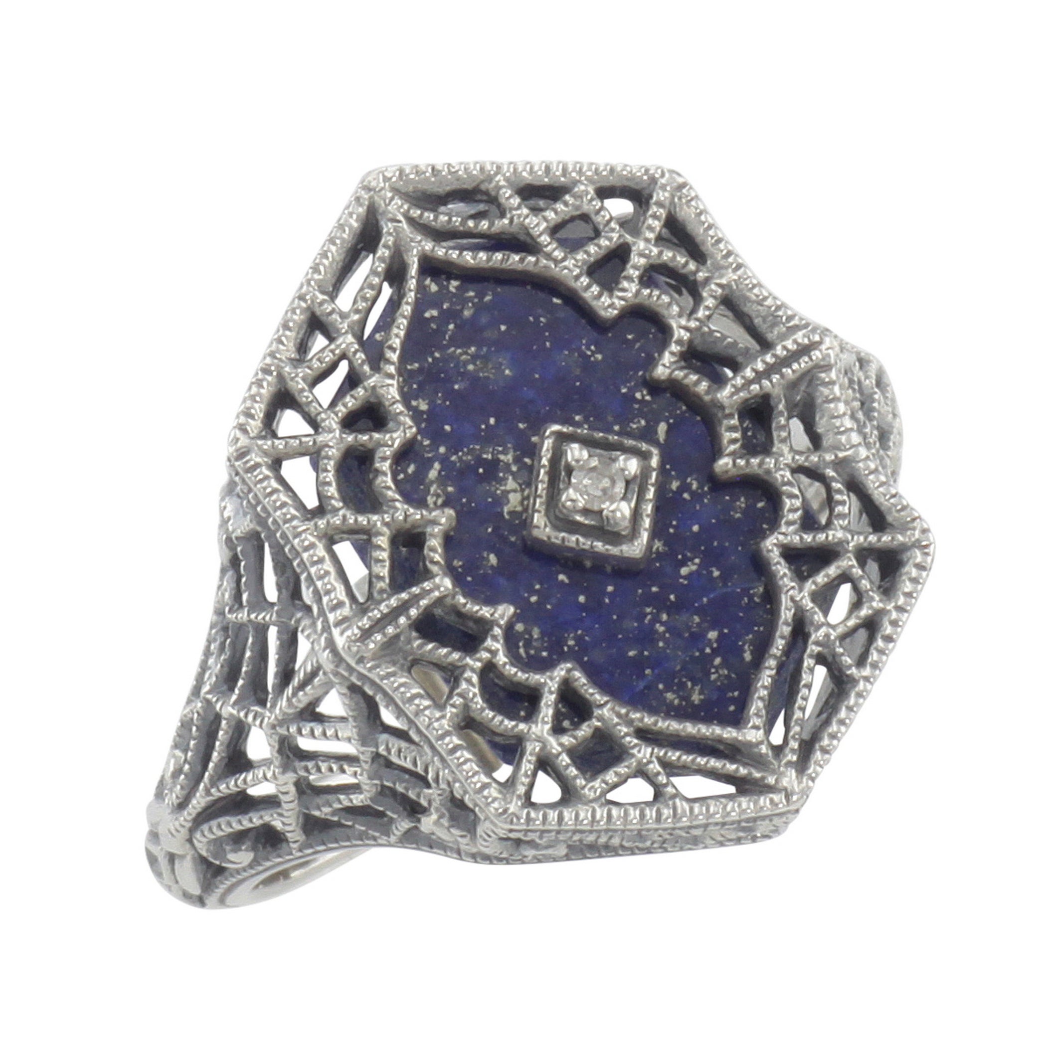 Victorian style, Diamond, Lapis, sterling silver rings, front view