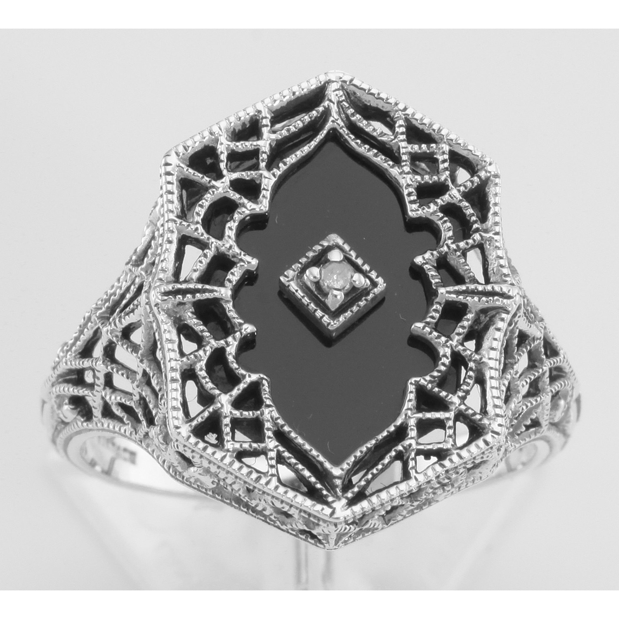 Detail view of Victorian Style Black Onyx Filigree Diamond Ring in Fine Sterling Silver highlighting Diamond, Black Onyx