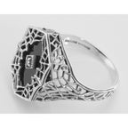 Back view of Victorian Style Black Onyx Filigree Diamond Ring in Fine Sterling Silver showing 925 sterling silver hallmark