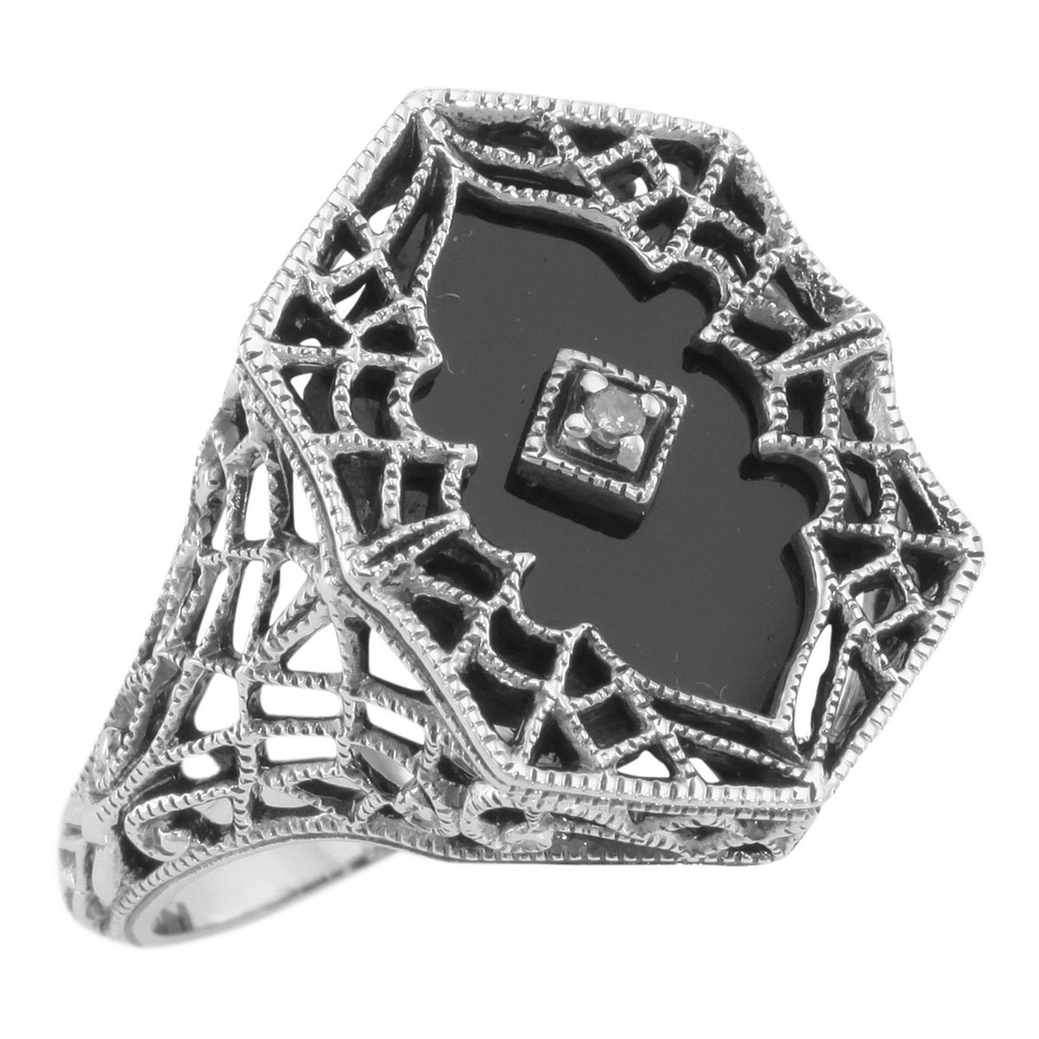 Victorian style, Diamond, Black Onyx, sterling silver rings, front view