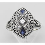 Detail view of CZ / Sapphire Filigree Ring - Art Deco Style highlighting Sapphire, CZ