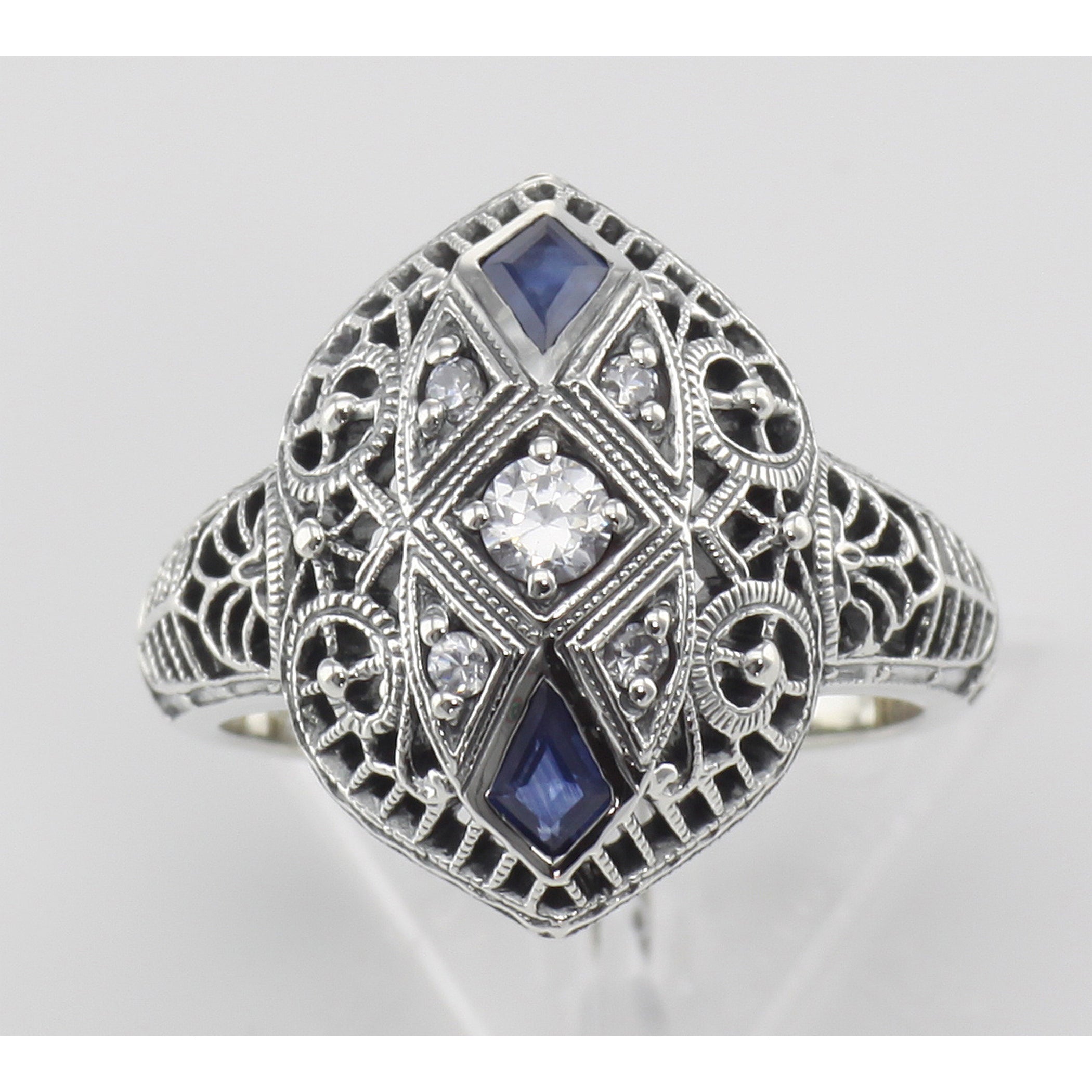 Detail view of CZ / Sapphire Filigree Ring - Art Deco Style highlighting Sapphire, CZ