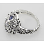 Back view of CZ / Sapphire Filigree Ring - Art Deco Style showing 925 sterling silver hallmark
