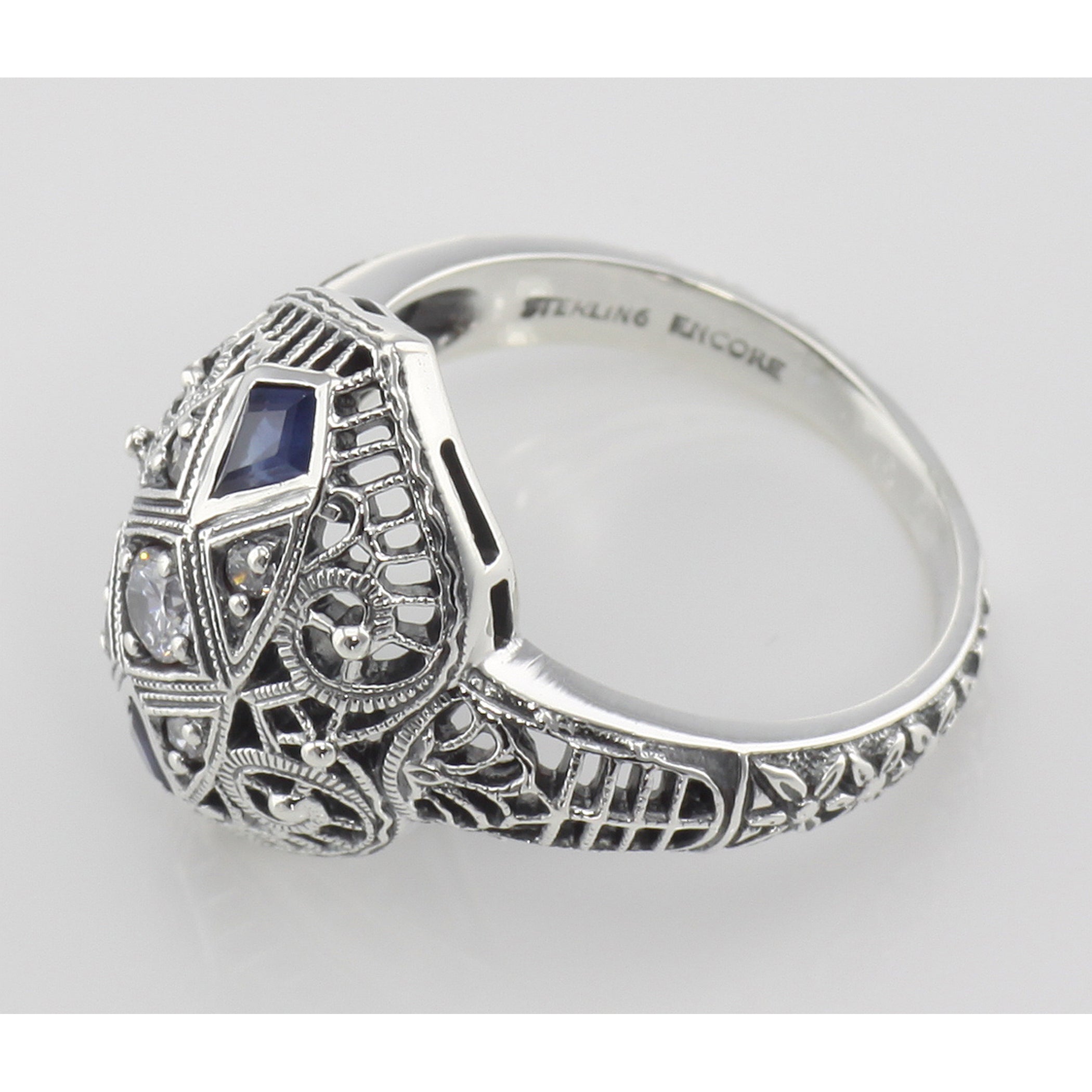 Back view of CZ / Sapphire Filigree Ring - Art Deco Style showing 925 sterling silver hallmark