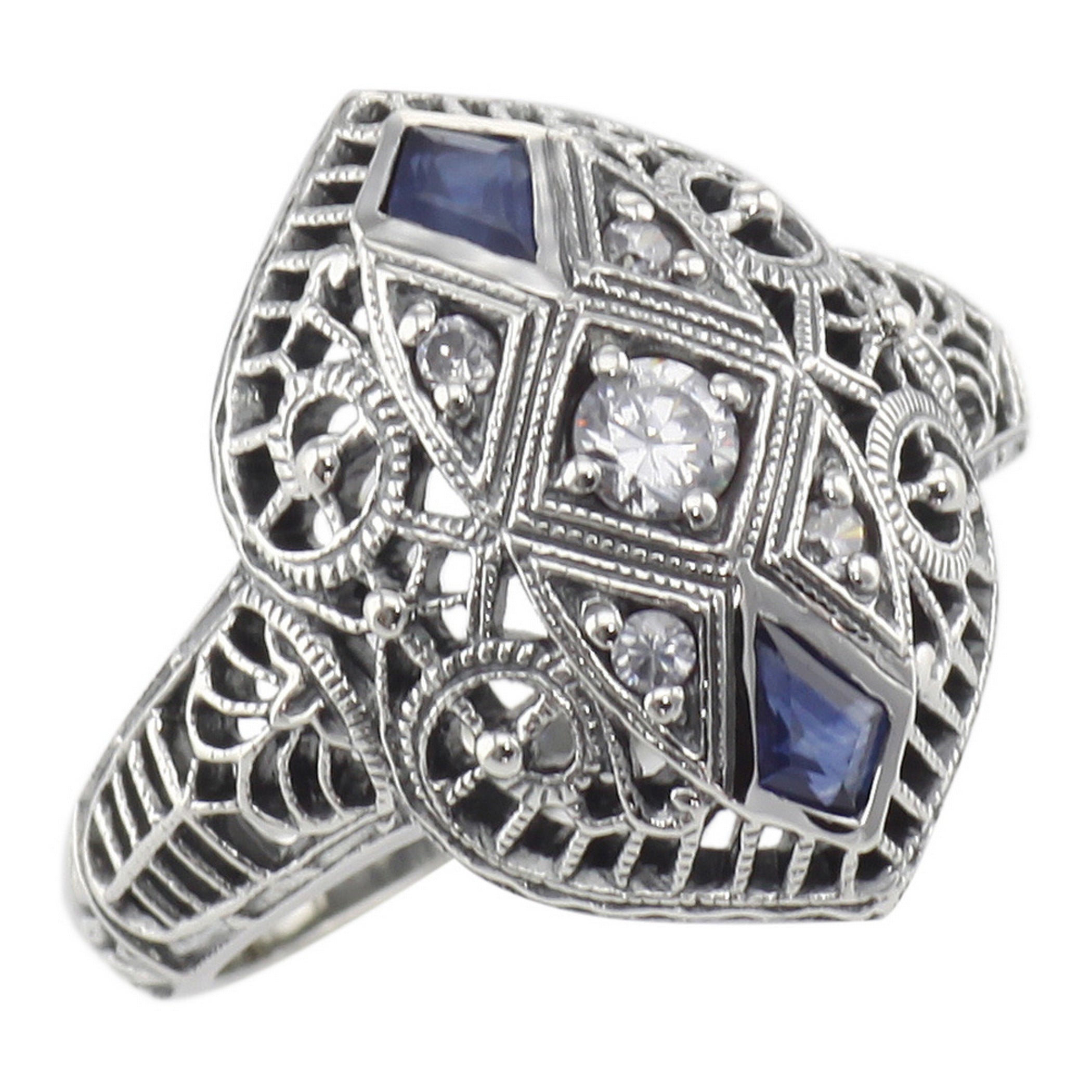 Art Deco style, Sapphire, CZ, sterling silver rings, front view