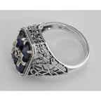 Back view of Cross and Flower Design Blue Sapphire Filigree Ring showing 925 sterling silver hallmark