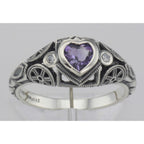 Detail view of Victorian Style Heart Shaped Amethyst White Topaz Ring Sterling Silver highlighting Amethyst, White Topaz