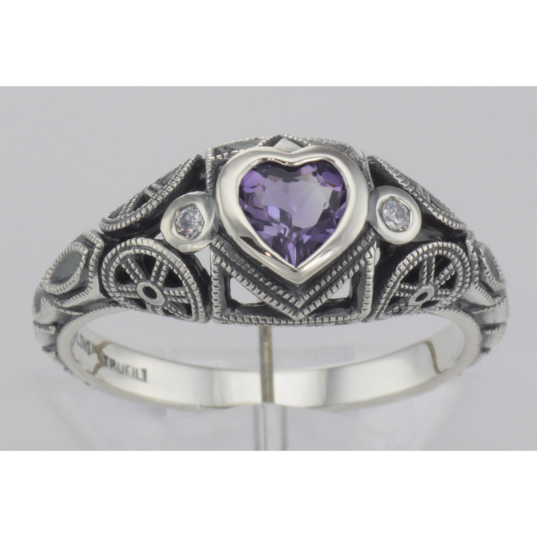 Detail view of Victorian Style Heart Shaped Amethyst White Topaz Ring Sterling Silver highlighting Amethyst, White Topaz