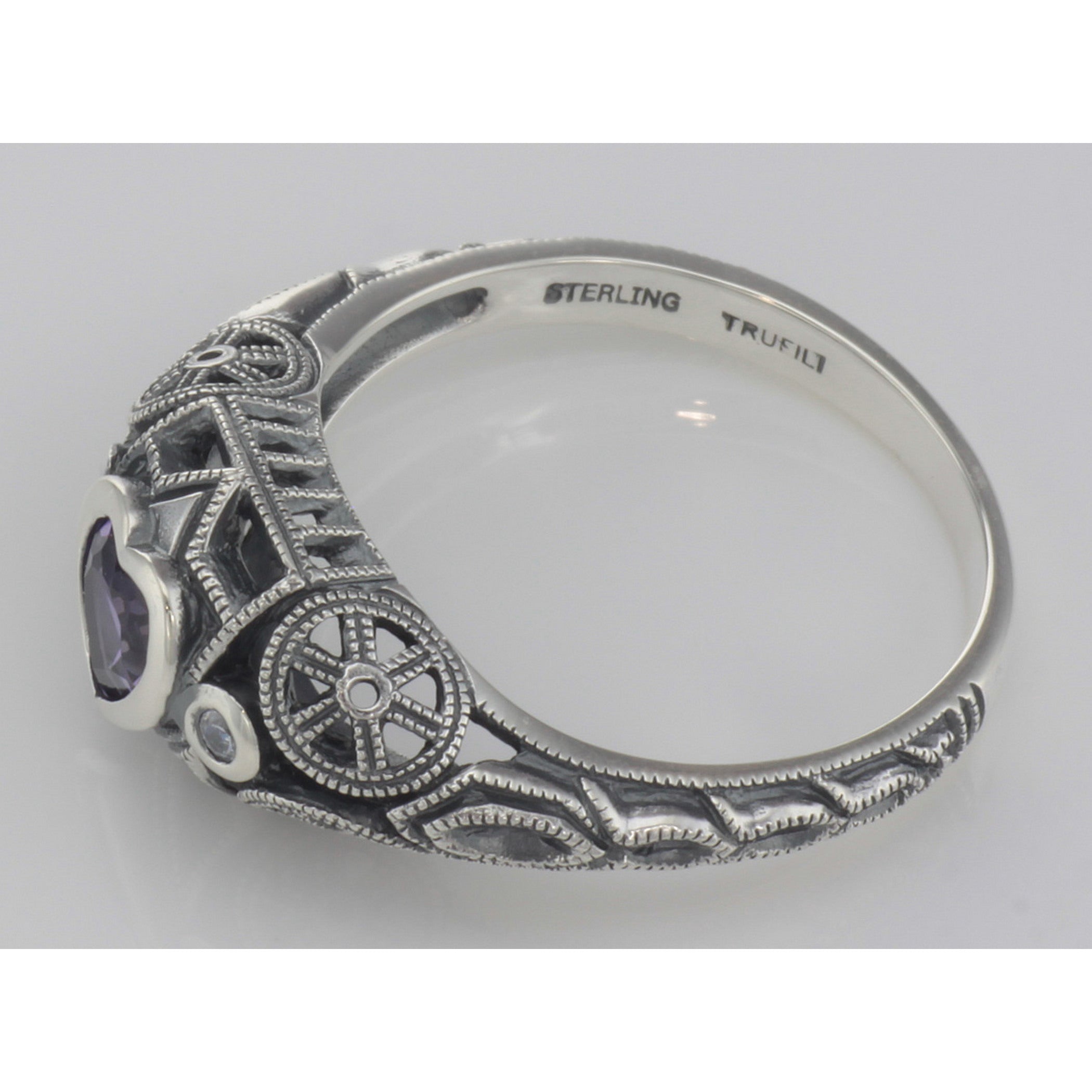 Back view of Victorian Style Heart Shaped Amethyst White Topaz Ring Sterling Silver showing 925 sterling silver hallmark