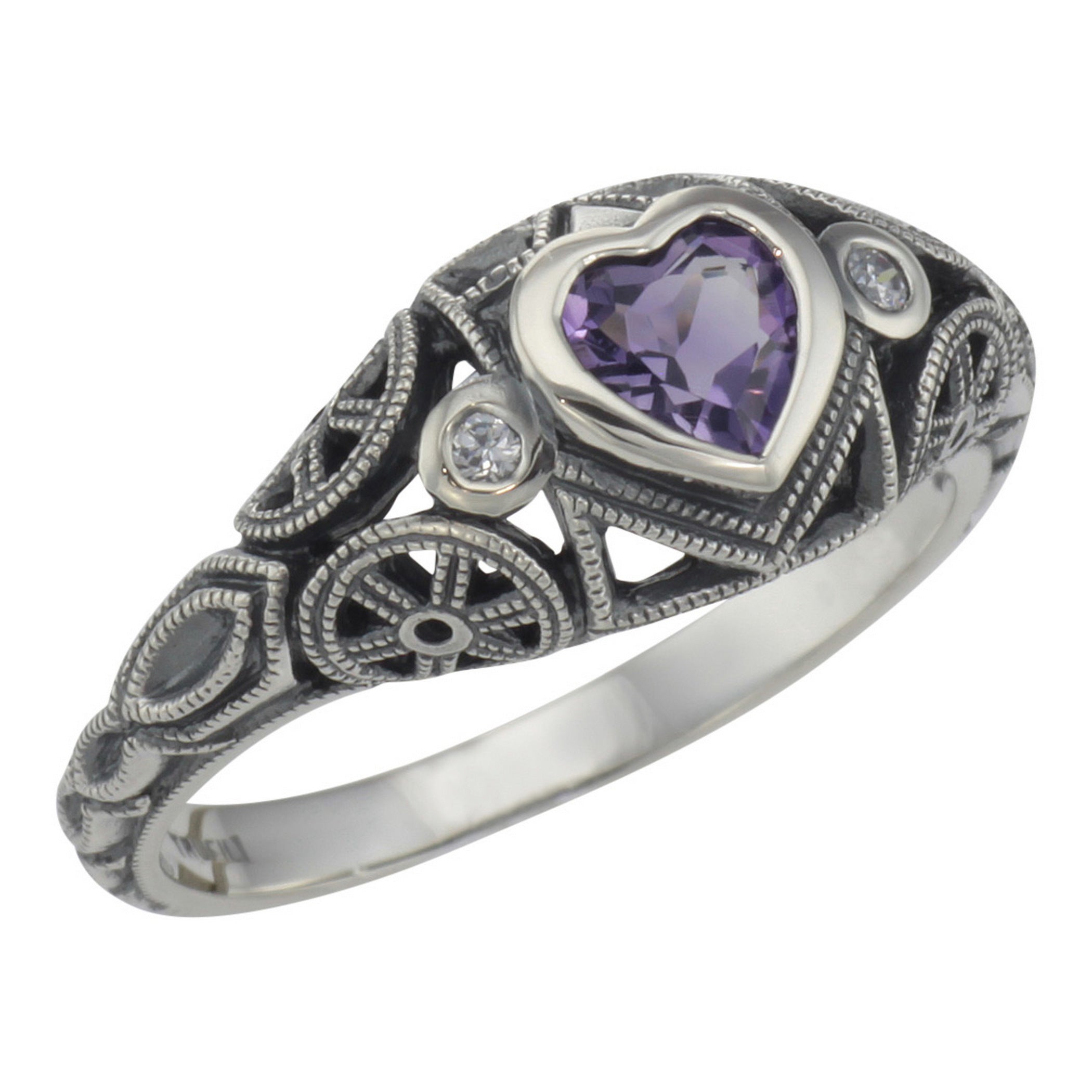 Victorian style, Amethyst, White Topaz, sterling silver rings, front view
